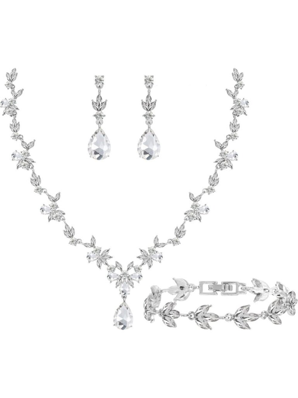 Elegant Floral Bridal Jewelry Set - Crystal Necklace, Earrings & Bracelet for